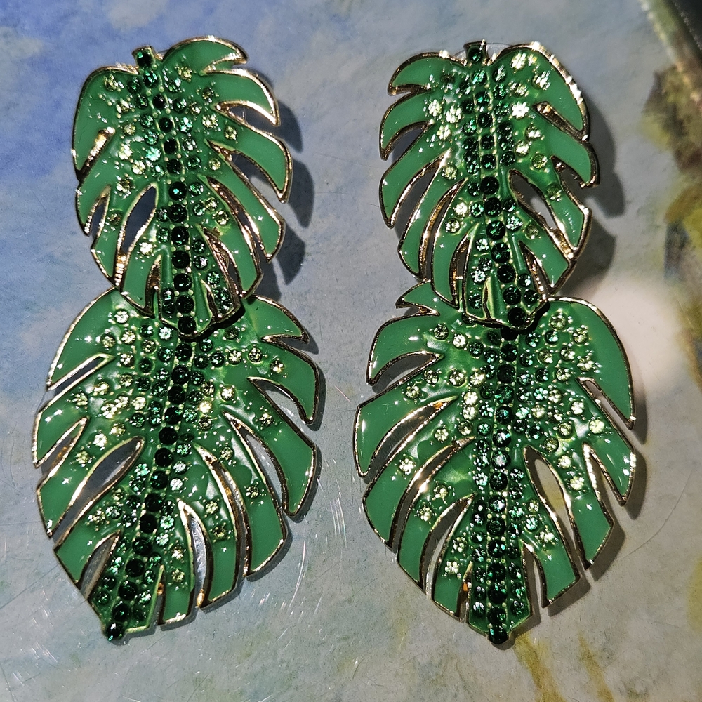 BaubleBar Tropical Palm Leaf Earrings Green Gold Rhinestone Accents EUC